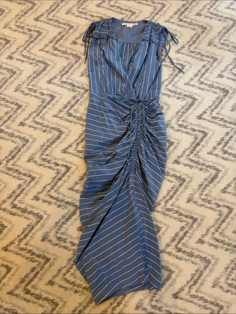 Veronica Beard Blue Striped Ruched Midi Dress